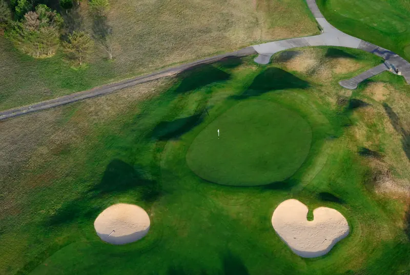 Aerial view of a raised green guarded by two bunkers