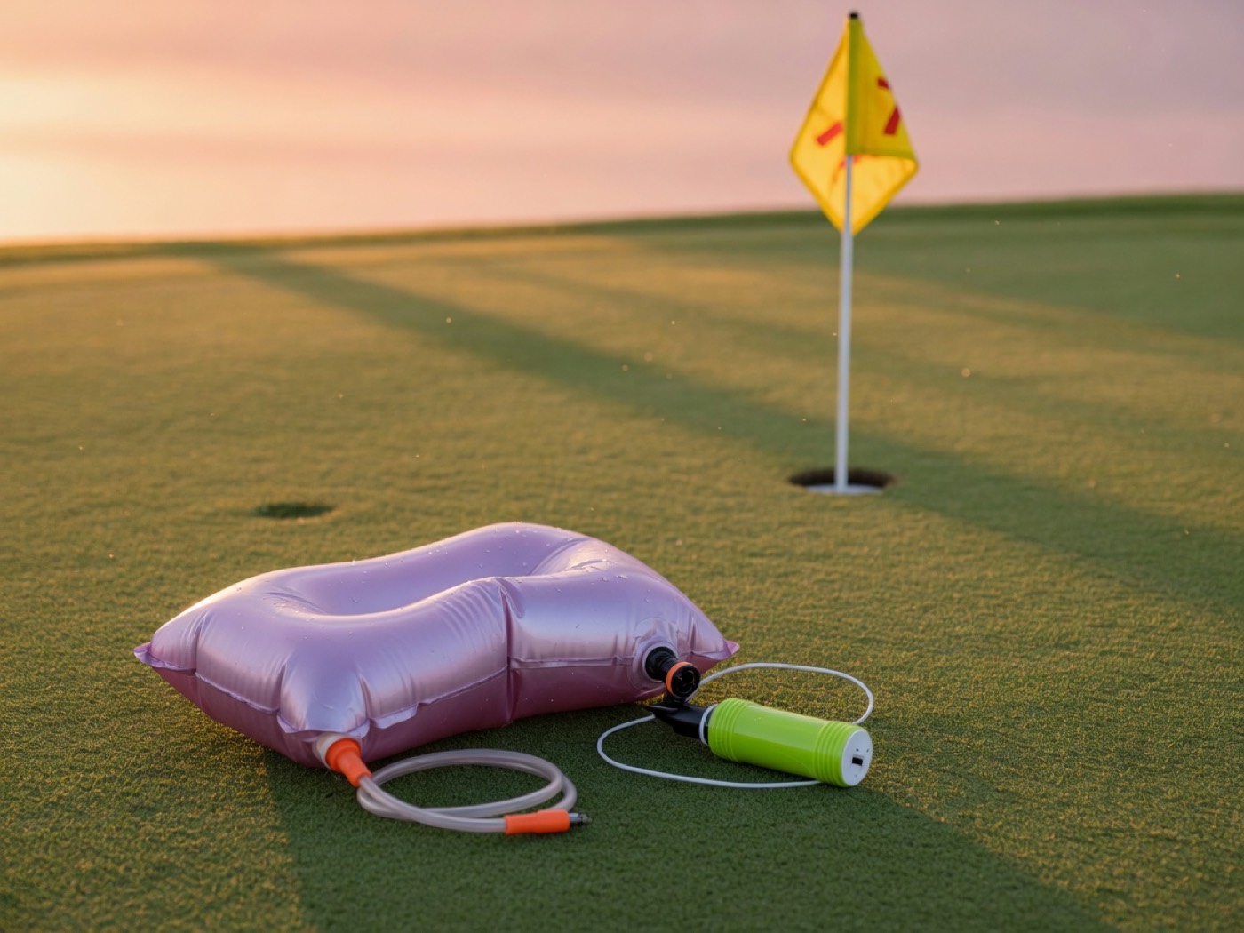 An ultralight camp pillow and a tiny pump on a putting green at sunset